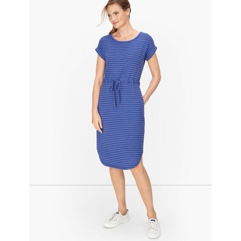 NEW $89 T by Talbots Drawstring Waist Dress Sz M Blue Striped Everyday Preppy